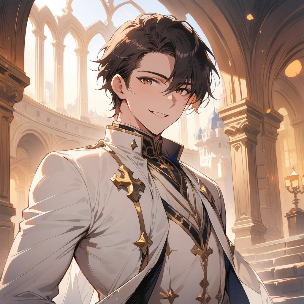 (masterpiece, best quality:1.2) ((Best quality)), ((masterpiece)), (detailed), ((perfect face)), ((halfbody)) handsome face, male, teen boy, perfect proportions, character masculine manhwa, ((brown light)) short hair, ((brown)) eyes, male version, ((white)) prince clothes, ((white)) suit, body in good shape, smiling, seductive look, ((white)) castle detailed background, ((white)) castle detailed scenery background