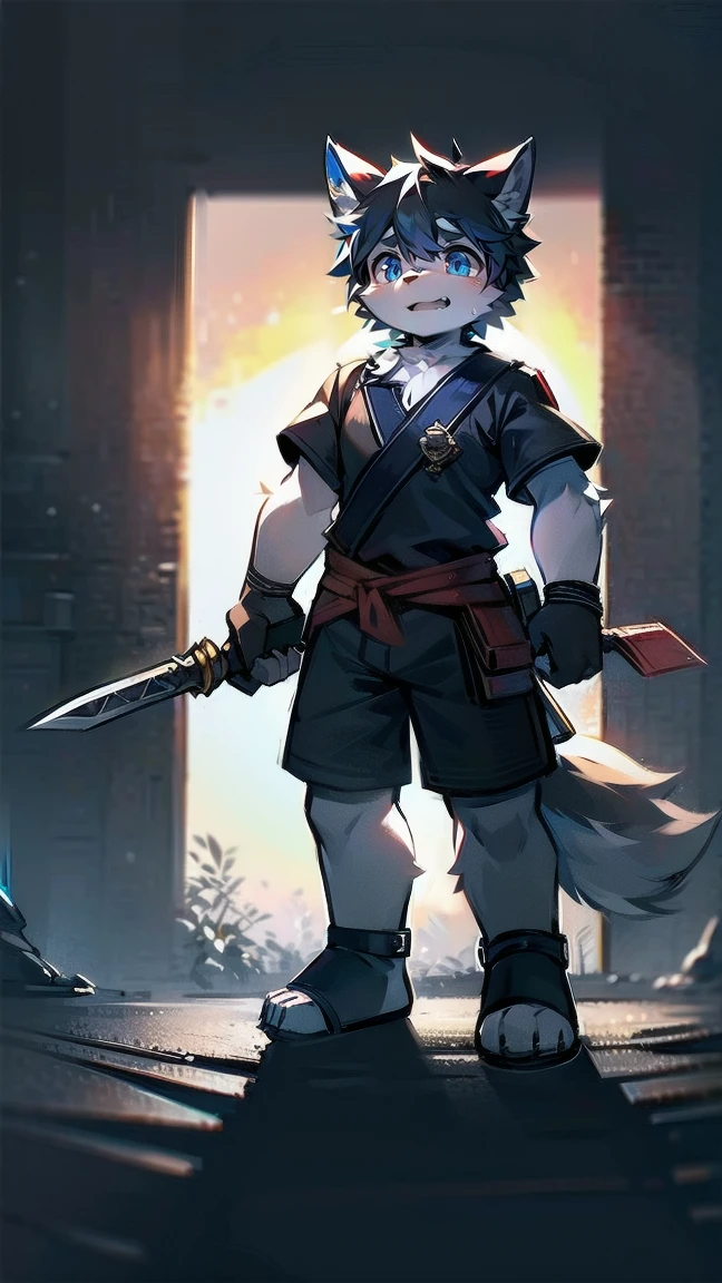 White Wolf，black hair，Sky blue eyes，hairy，Wolf ears，Wolf tail，Full body portrait，The character is in the center of the frame，Handsome，Confident eye***but，juvenile，Black and white combat uniform，Red neck bib，Black shorts，Short sleeve，hairy arms and legs，Dark background，Dark battlefield，dawn，sunrise，dawn，illumination，shadow，Swordsman，Scabbard and Hold the hilt of a in your hand，The scabbard is at the waist，Highest quality，A tall stature