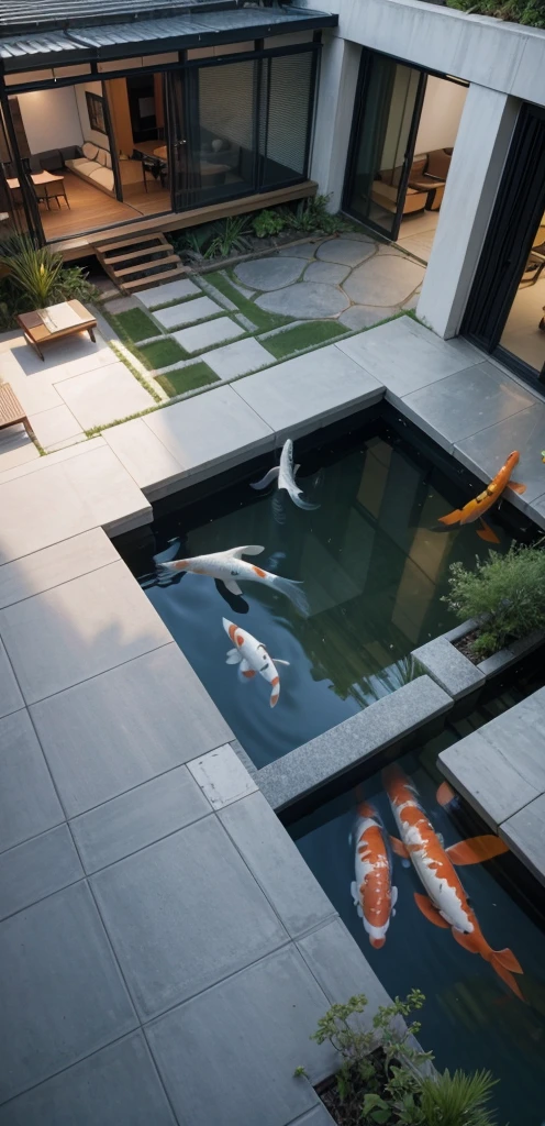 Modern architecture, central courtyard with sitting area and koi pond. Aerial view, sunken sitting area, external architecture design