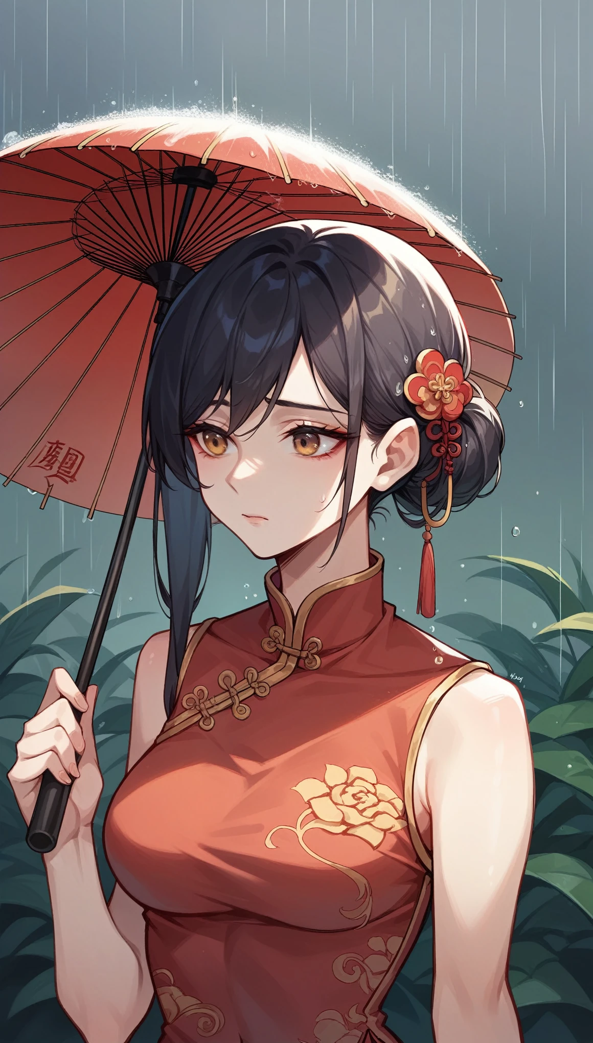 A Chinese garden, Rainy Day, Chinese woman wearing black cheongsam with gold detailing, Holding an oil-paper umbrella, The expression is sad, Upper body image