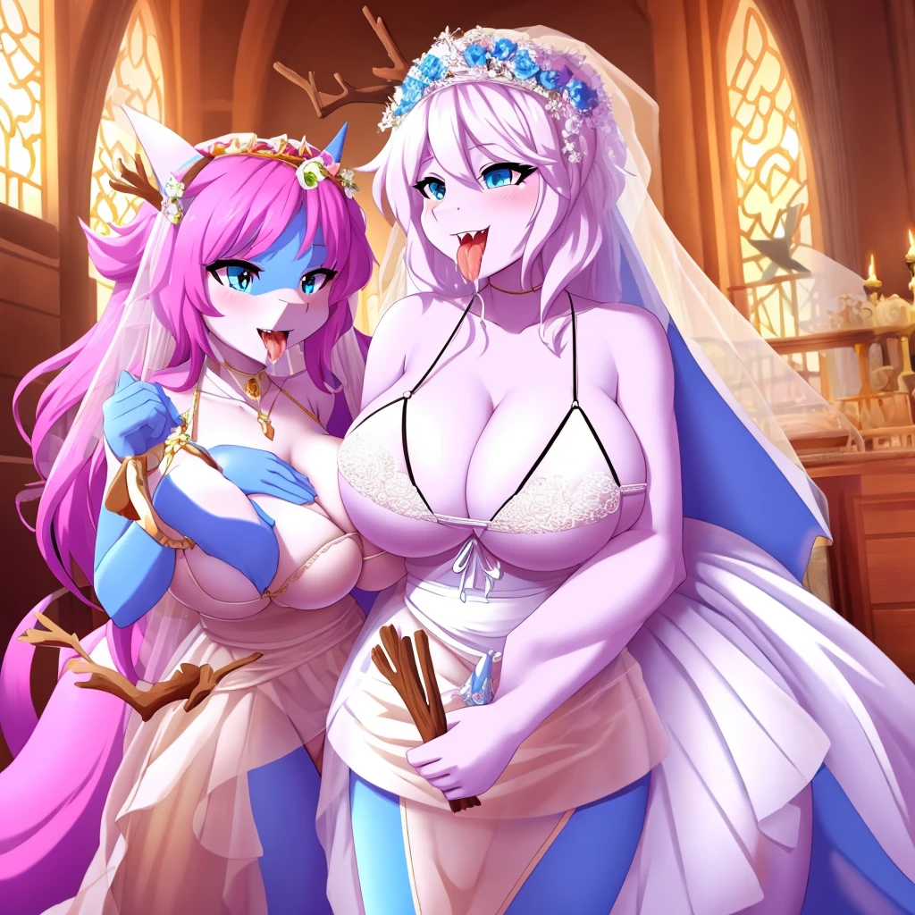 Shark girl, very sexy, big breasts, wedding dress bikini, Stick out your tongue and drool.