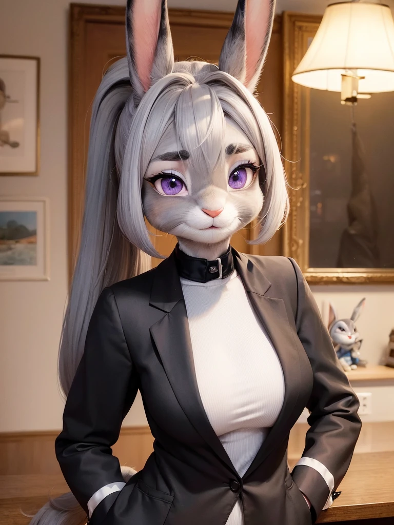 best quality,
masterpiece,
hyper Realistic,
ultra-detailed,
beautiful detailed,
4K，8K，High level,
PIXAR,
Photo real,
Portrait,
Looking at the audience,
background is an office,
Realistic lighting,

((anthropomorphic rabbit)),
detailed animals,
Complex patterns,
(furry:1.5),
(Whole skin is gray:1.4),
(body is fluffy and bushy:1.3),
Realistic fur,

((human hands)),

(Face is JudyHopps:1.35),
{((long straight hair)), ((ponytail hair))},
wispy bangs, bangs,
purple eyes,
{highlight on eyes, crisp eyes, sparkle in the eyes, round big pupils},
detailed iris, 
(rised eyebrows:1.2),
(Crescent Brows:1.3),
(rabbit ears:1.1),
Smile,
Big Smile,
Innocent smile,
raised corners of mouth,

office lady is wearing suit,
((White blouse)) BREAK ((Black blazer)) BREAK ((Black pants)),

clothes made of wool,

((She is blushing in the cheeks)), 
((Looks excited)),

(solo:1.5),
(1 lady:1.5),
one character only
alone,
Perfect Anatomy,

highlight,
sunlight,
daylight,
intricate details, 
ray tracing, 
photorealistic, 
lighter shadows,