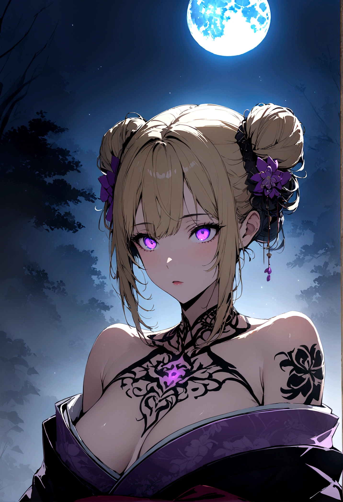 masterpiece:1,2), Highest quality, masterpiece, High resolution, original, Highly detailed wallpaper, Perfect lighting,geisha, kimono,Bare shoulders,tattoo,(((Black and White))),Attention to detail,alone,Cold Eyes,look up,Eyes glowing purple,Byeob,moon,Blonde,Low twin bun hairstyle,petal,sexy