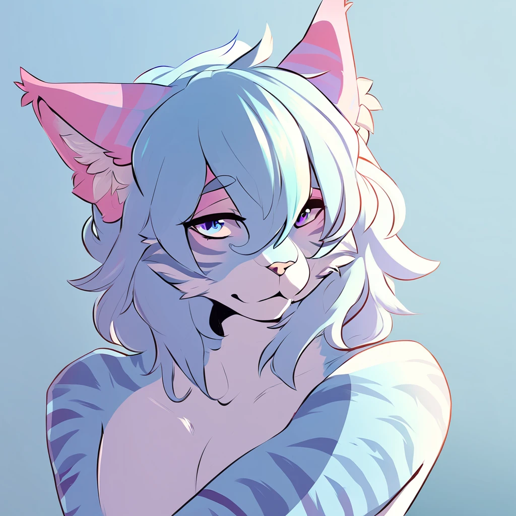 adult, feline, mammal, anthro, anthromorphic, cat, striped, fur, furred_anthro, femboy, male, light_blue, pink_ears, ear_tufts, purple, paws, hair_tuft, hair_between_eyes, long_tail, fluffy, expressive_eyes, light_blue_hair, light looking_at_viewer, blue_fur, shy, small_pupils, spotted_pattern, stripes, tiger_stripes, digital_art, high_resolution, high_res, background shy, head_visible, neck_visible, profile_picture, seductive_face