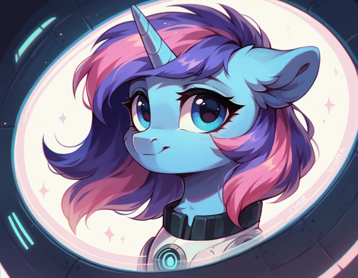 A beautiful cute pony from My Little Pony unicorn with dark blue fur, blue eyes, purple mane, pink stripes in the mane, dressed in a futuristic blue-and-white space suit, looks at a device with a holographic screen on the left hoof