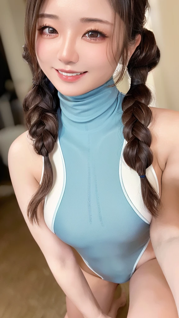 ((high quality, 8K, masterpiece:1.3)), 1 Girl, Slim Abs:1.3, Japanese women, (Casual Hairstyles, Moderateの胸:1.2), Highly detailed face, Fine grain, double eyelid, smile, ((( Turtleneck swimsuit))), Moderate , Very small waist, Upper body photo