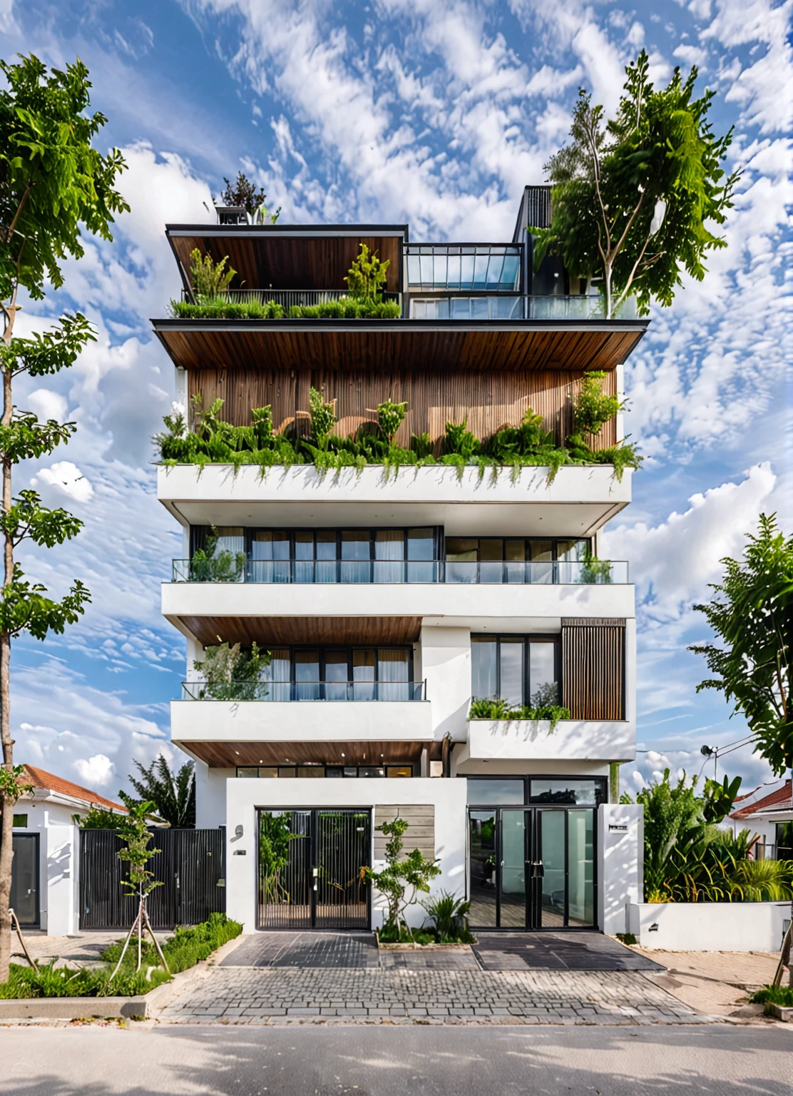 Raw photo,Masterpiece, high quality, best quality, authentic, super detail,
outdoors, house style modern,bietthuhn, white wall, glass windows, gate
road,pavement, grass, trees, sky, cloud, (day:1.1),