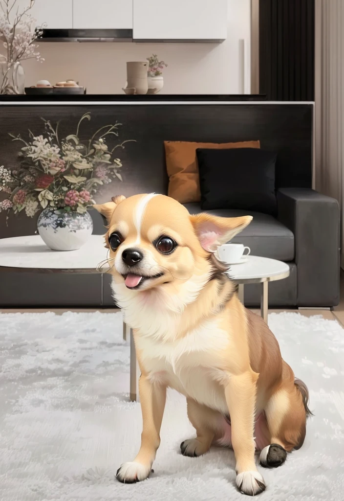 there is a dog sitting on a rug in a japan living room, small dog, long - haired chihuahua, chihuahua, a handsome, painting of cute dog, cute dog, hyper-realistic render, hyper - realistic render, in style of ultra realistic, ultra realistic picture, large portrait, highly detailed composition, realistic image, hyper realistic style, detailed rendering
