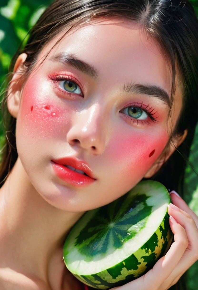 Summer Watermelon Girl，Dopamine teenage， Cool summer days，Chilled watermelon，Ice cubes，The watery girl，Delicate skin，Hydration，Shiny，Shiny，dream