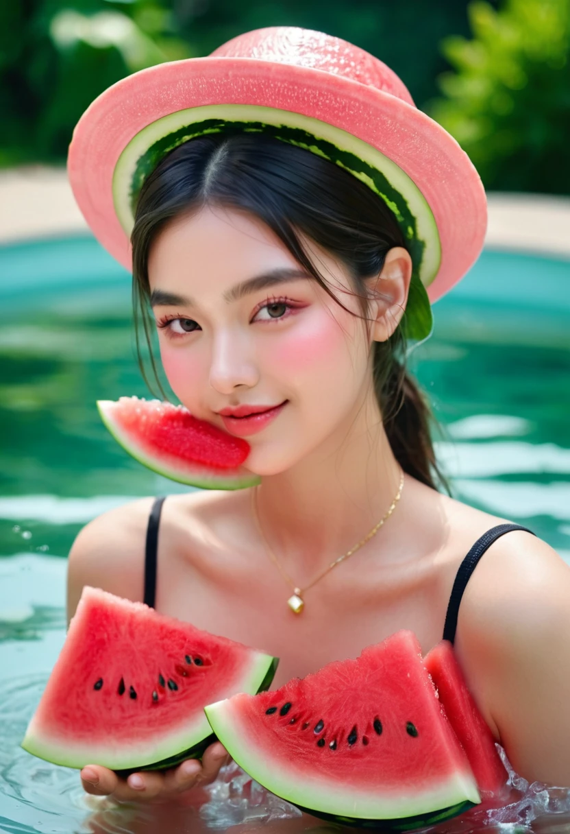 Summer Watermelon Girl,Dopamine teenage, Cool summer days,Chilled watermelon,Ice cubes,The watery girl,Delicate skin,Hydration,Shiny,Shiny,dream