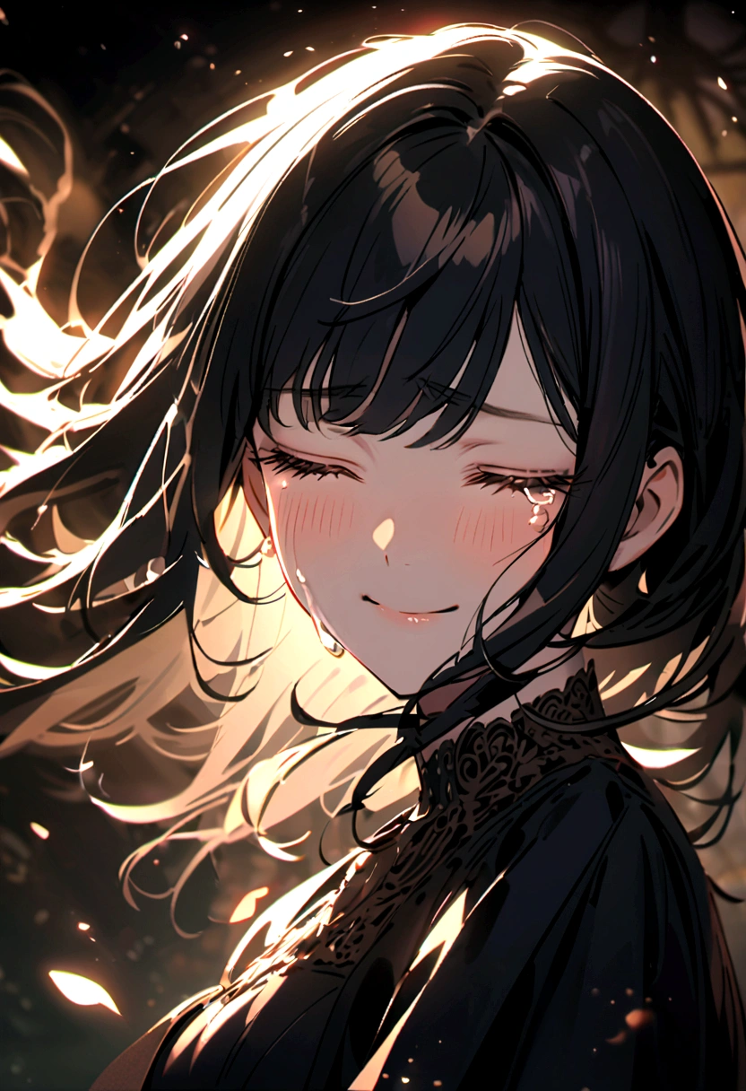 A beautiful black haired girl crying her eyes closed, smiling sadly,has long eyelashes,has bangs wears a