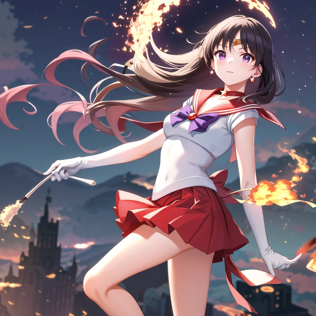 Sailor mars character, super detailed, two legs, red heels, white gloves, two arms, purple hair, check from many images, background an erupting volcano, perfect body, 8k, full body