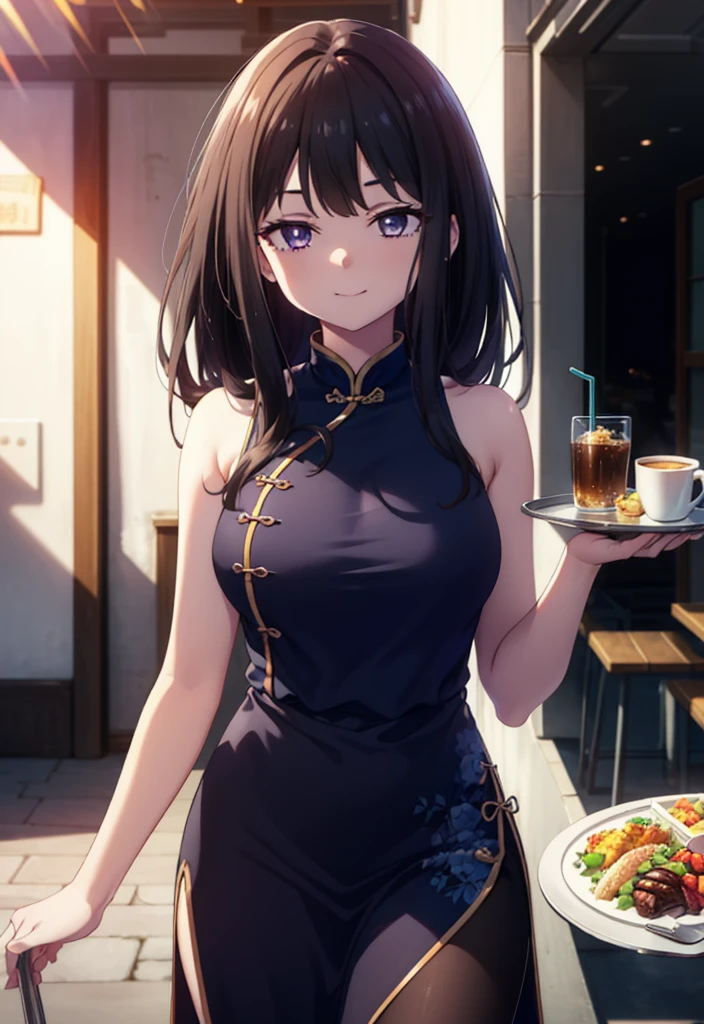 Takiuchi, Check it out, Long Hair, bangs, Black Hair, (Purple eyes:1.2),happy smile, smile, Close your mouth,
Sleeveless blue Chinese dress,Blue long slit,Black pantyhose,Stiletto heels,Tables and chairs, food, drink, tray, tray in one hand,whole bodyがイラストに入るように,Walking,
break indoors,Chinese style coffee shop,
break looking at viewer, whole body,
break (masterpiece:1.2), Highest quality, High resolution, unity 8k wallpaper, (shape:0.8), (Fine and beautiful eyes:1.6), Highly detailed face, Perfect lighting, Highly detailed CG, (Perfect hands, Perfect Anatomy),
break outdoors, city,
break looking at viewer, (Cowboy Shot:1.5),
break (masterpiece:1.2), Highest quality, High resolution, unity 8k wallpaper, (figure:0.8), (Beautiful attention to detail:1.6), Highly detailed face, Perfect lighting, Highly detailed CG, (Perfect hands, Perfect Anatomy),