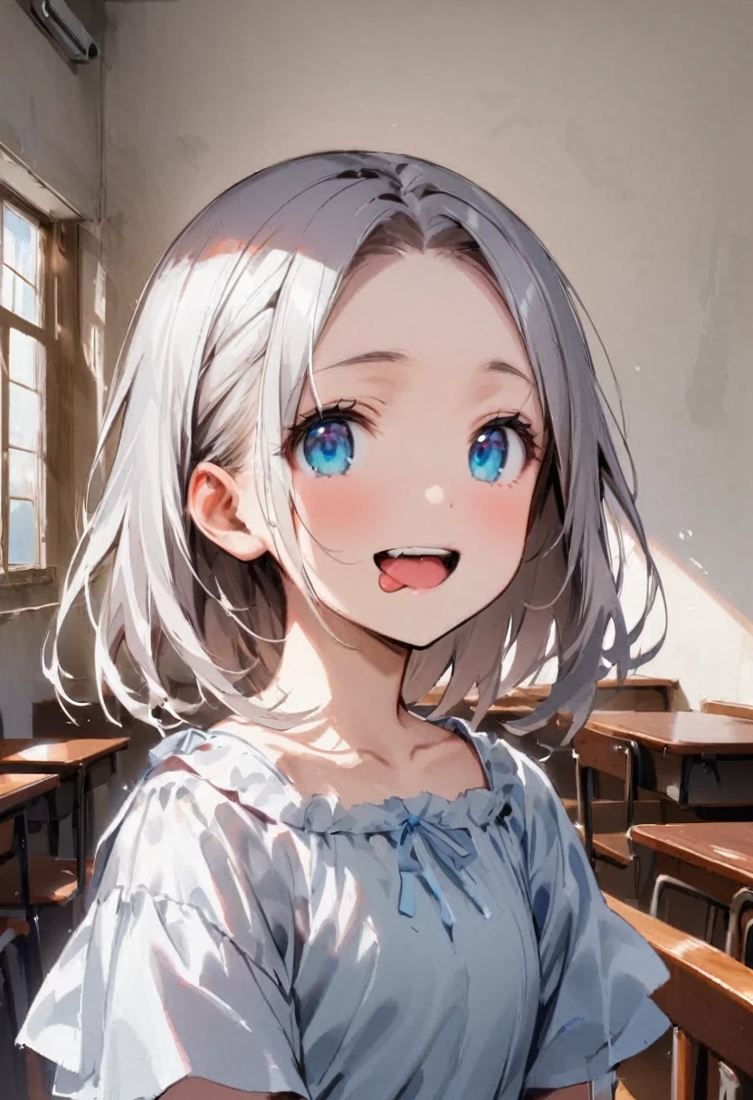 alone、headshot、Sticking out tongue、Open your mouth、teeth、Close-up of face、primary school、School building、In the classroom、forehead、Off-the-shoulder dress、Private Server、Girl、Girl、Short、Younger、Lower school year、Baby Face、Both eyes open、flat chest、Embarrassed、smile