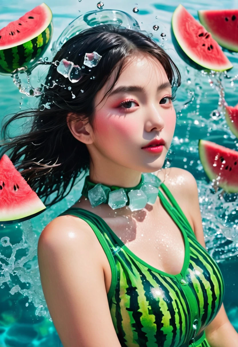 Summer Watermelon Girl，Dopamine teenage， Cool summer days，Chilled watermelon，Ice cubes，The watery girl，Delicate skin，Hydration，Shiny，Shiny，dream