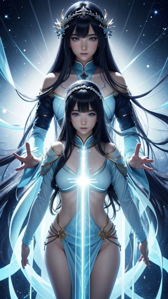 8K、Ultra HD、anime、(A very beautiful female character with beautiful features)、((Beautiful clear blue eyes))、((The whole body faces forward))、Beautiful long hair、Messy bangs、(Beautiful and well-proportioned depiction of the whole body)、(Beautiful depiction of limbs)、(((Beautiful long thin fingers)))、(((Prayer Pose)))、((Wearing a pale blue glowing outfit))、((Goddess Background))、(((I'm directing my gaze here)))、