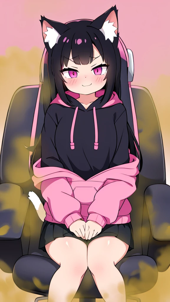cute cat girl, cat ears, black hair, pink eyes, smug, pink hoodie, straight bangs, fart, farting, sitting in chair
