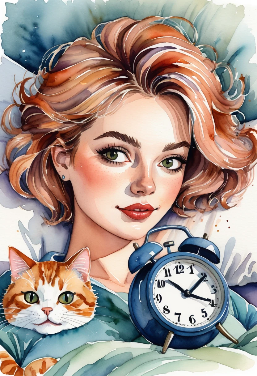 painting of a woman lying in bed with a cat, watercolor illustration, playful hairstyle, ruined, detail shot, by Emma Geary, alarm clock, funny cartoon drawing, Harry's revenge, comics