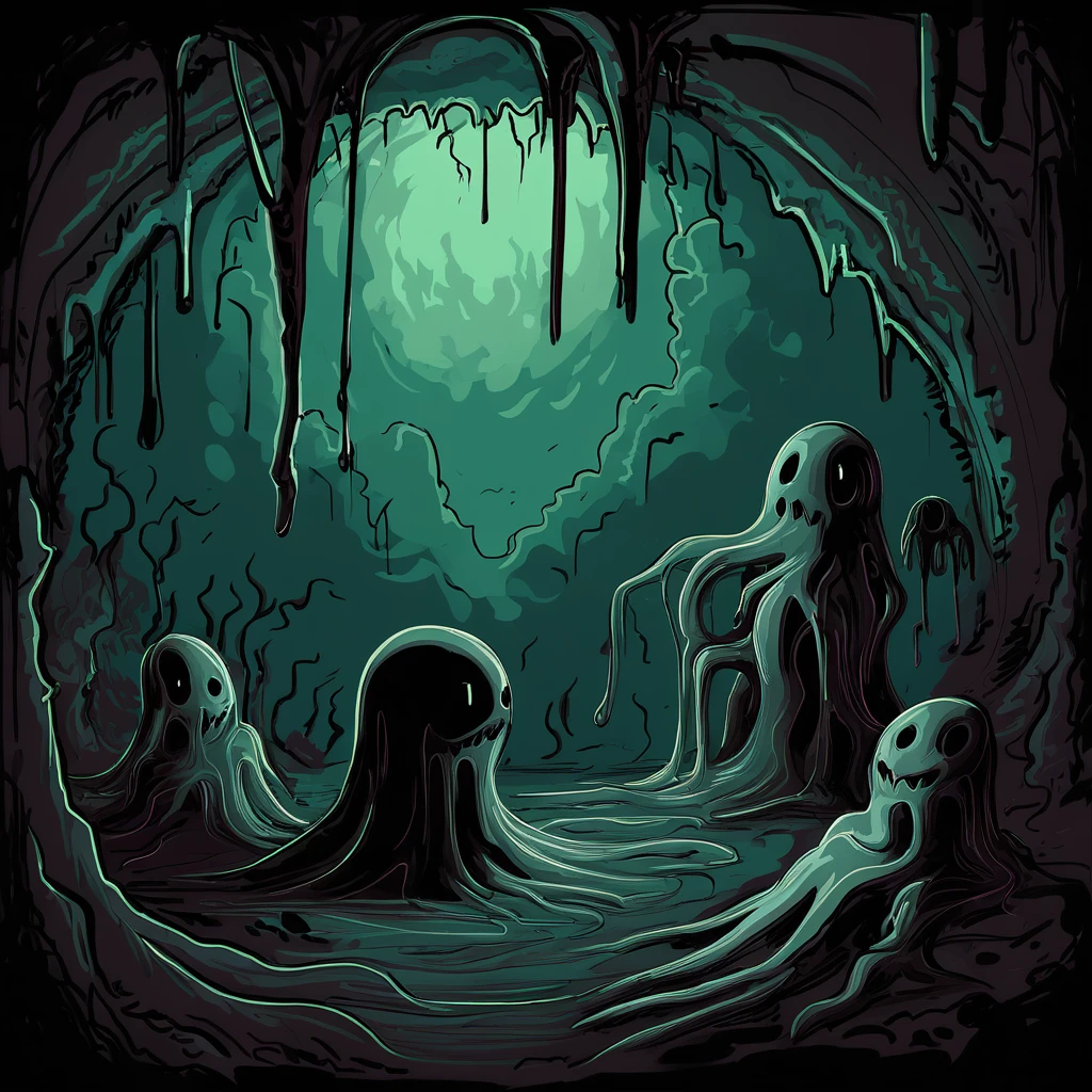 abandon the Slime Girl before it is to late! she will morph into a monster and devour you! background cave in creepy pasta art style