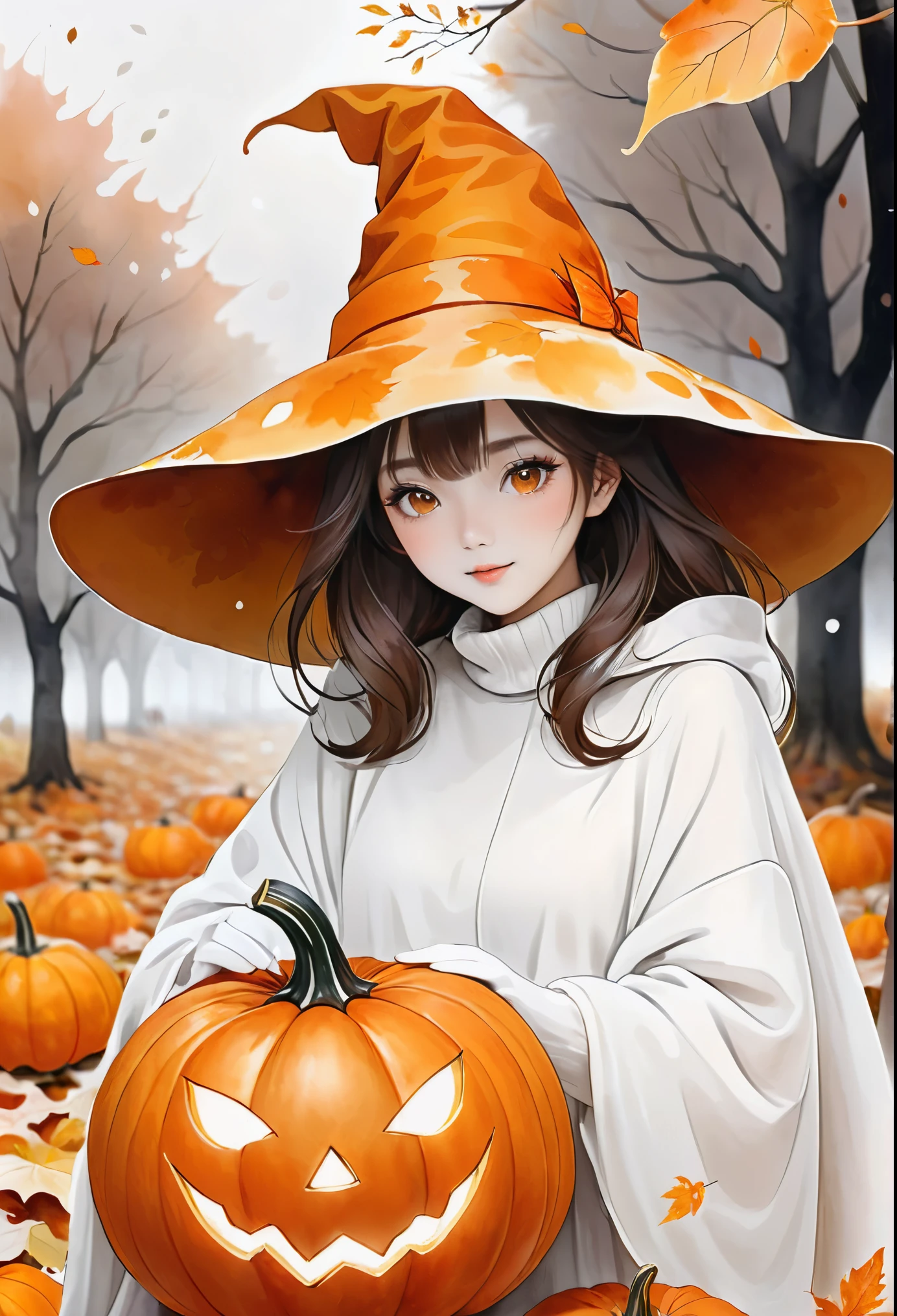 ghost，三个面带微笑的ghost，Wear a white hat，Holding orange pumpkin，The ground is covered with fallen autumn leaves，Autumn Texture，White background，Dotted with orange and brown。Warm tones of orange and brown，It gives a softness、Simple feeling。Hand drawn watercolor illustration。The picture quality is clear，color