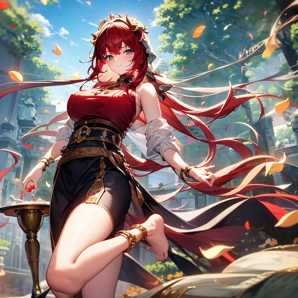 food, basket, Calm expression, Perfect hands, elder, Red Hair, The dignity of a 50-year-old, 落ち着きのあるwoman, solo、(Highly detailed background:1.0)、(Highly detailed background:1.0)、masterpiece、Highest quality、(Babes)、Fractal Art、Red eyes、Narrow eyes、black and red dress, Reddish cheeks、From the shoulders up、Recall、smile、One Woman、Three-dimensional clouds、Red long ponytail, Red eyes,スタイリッシュなアクセサリーsolo, Big Breasts, woman, Take-out, Provocative laughter,40 year old woman,Queen of Sadism, Highly detailed background, Great writing style, Clasp your arms in front of your chest, Diffuse reflection of light, Perfect Human Medicine, Bare Skin, barefoot, Sweat,