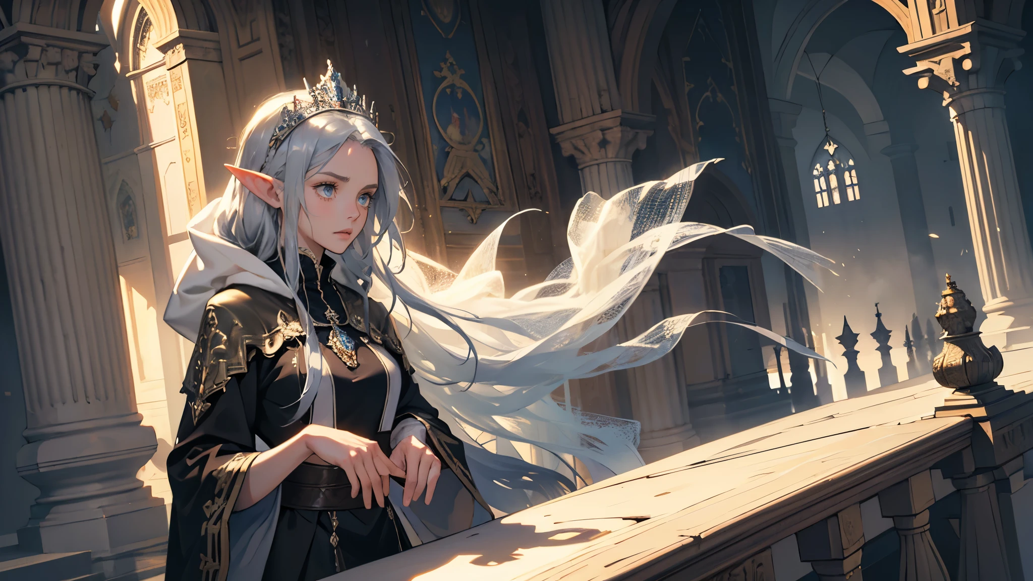masterpiece, ultra detailed, 8K Portrait, Raw photo, a portrait photo of girl, Highly detailed face, beautiful and meticulous eyes, ((Fantasy)), (elf:1.0), 1woman, 40 year old, gray long hair, brown eyes, (melancholy expression:1.2), tiara, skinny, (ultra thin see-through dark blue silk dress), hooded long white coat Fluttering in the wind, ((bare foots)), Midday Sun, Hyper realistic, out of medieval castle in the sky, sitting on the throne, Ambient lighting, Shadow details , strong breeze, Light fog, (divine:1.5),