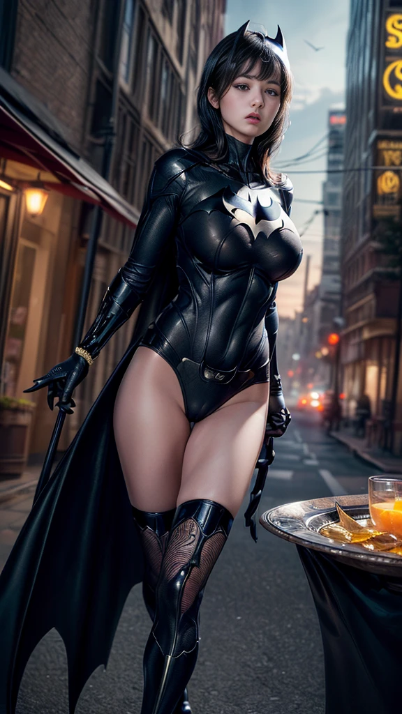 (nsfw:1.3)、((Cowboy Shot))、Mature Woman、(masterpiece, Highest quality), Intricate details, 8K, 1 Girl, Long Hair, Bowl Cut Hair,((blunt bangs))、 Black Hair,((Ultra-detailed and super-intricately designed Batman suit)),Skyscraper, city, building,street,((Delicate painting)),(Detailed RAW photos of girls), (Pieces fly:1.25), (Highest quality:1.6), (Ultra-high resolution:1.5), (Photorealistic:1.75), 8K resolution, Canon EOS R5, 50mm, Confused, Very detailed,Cinema Lighting、(((Super big breasts)))、Leg spread、The abdomen is visible、((Separate suits))、Ultra-detailed and intricately decorated Batman knee-high socks、Sexy pose、Batman bikini with delicate and detailed embellishment、