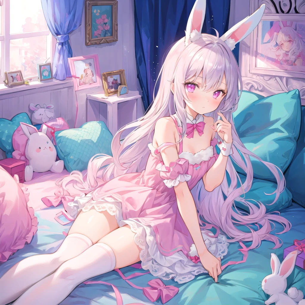 beautiful illustration, best quality, cute girl, bedroom, pastel color, fluffy bunny ears, , silver long hair, rabbit stuffed toy, bright lighting, light pink eyes