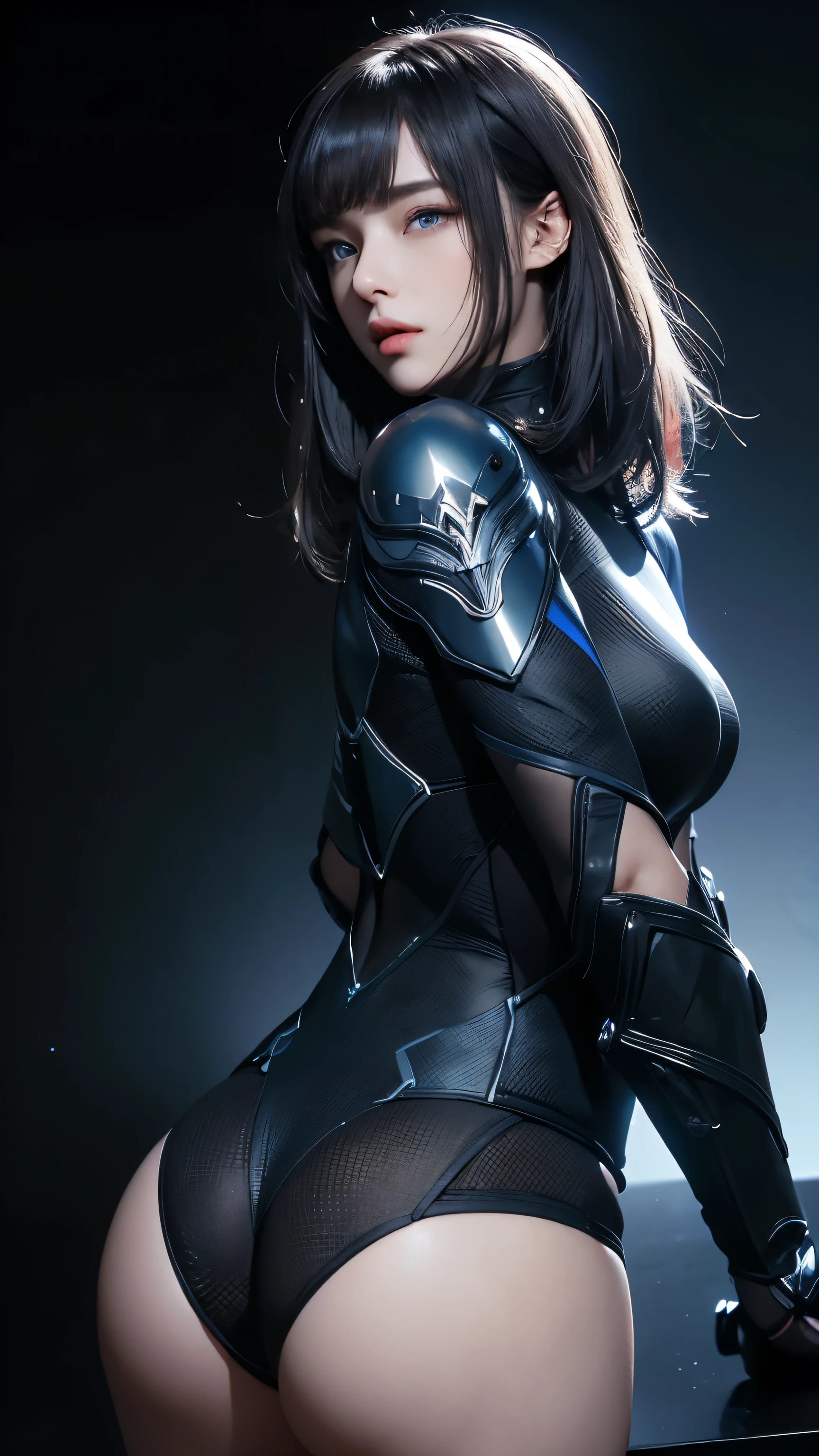 masterpiece, Highest quality, Very detailed, To the camera, Very detailed, Realistic, Sharp features, Very detailed, Sharp focus, Perfect Face, Perfect Face, Perfect symmetry and perfect eyes, Perfect Plump Lips, Flexible female form, cinematic, Film Light, Very detailed, hyper Realistic, masterpiece, Atmospheric, High resolution, Vibrant, Dynamic Studio Lighting, ((Dark Background)), The expression when enduring pleasure, Straight bangs, blue eyes,、Back view、Butt、Sexually aroused expressions、Fallout Vault Suit,