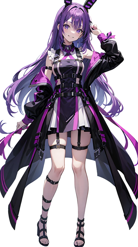 purple hair,girl,1 person,long hair,((body Harness)),heel,simple White background,smile,whole body,full body,standing position,Standing picture,vtuber,front,How to look at the viewer,Focus your gaze on the front,arm to the side