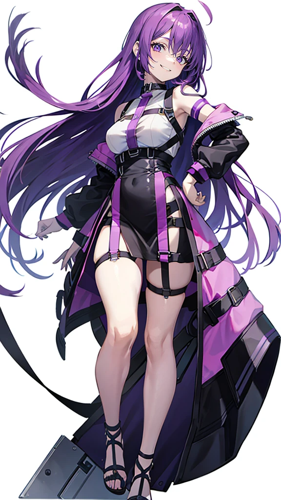 purple hair,girl,1 person,long hair,((body Harness)),heel,simple White background,smile,whole body,full body,standing position,Standing picture,vtuber,front,How to look at the viewer,Focus your gaze on the front,arm to the side
