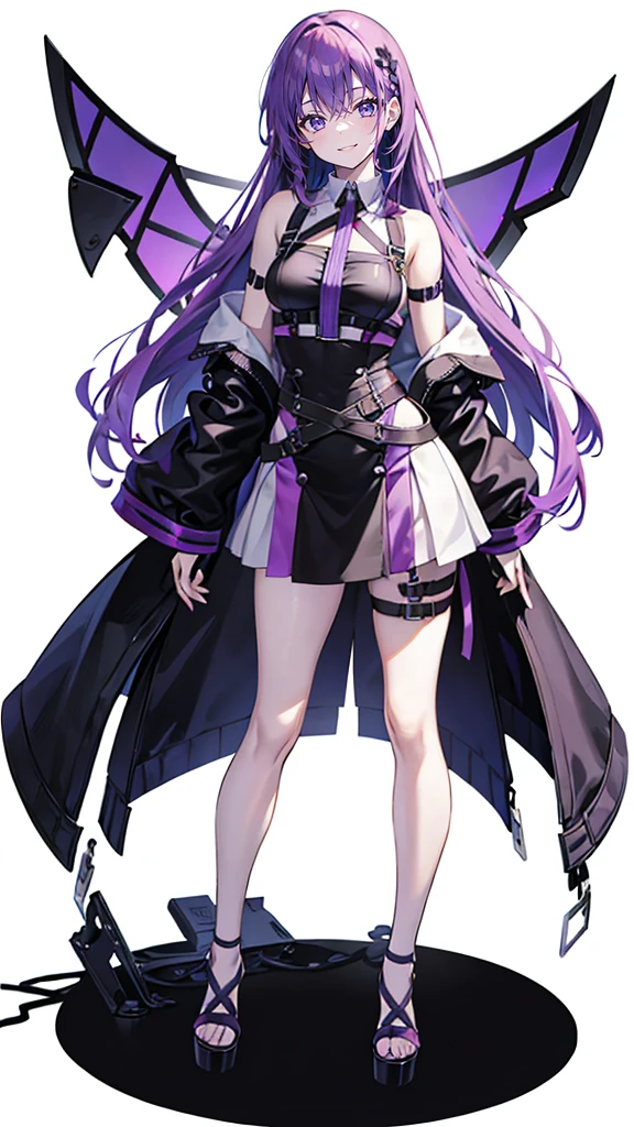 purple hair,girl,1 person,long hair,((body Harness)),heel,simple White background,smile,whole body,full body,standing position,Standing picture,vtuber,front,How to look at the viewer,Focus your gaze on the front,arm to the side