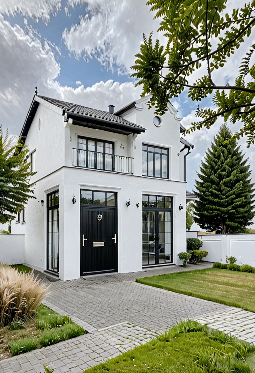 Raw photo,Masterpiece, high quality, best quality, authentic, super detail,
outdoors, house style modern,bietthuhn, white wall, glass windows, gate
road,pavement, grass, trees, sky, cloud, (day:1.1),