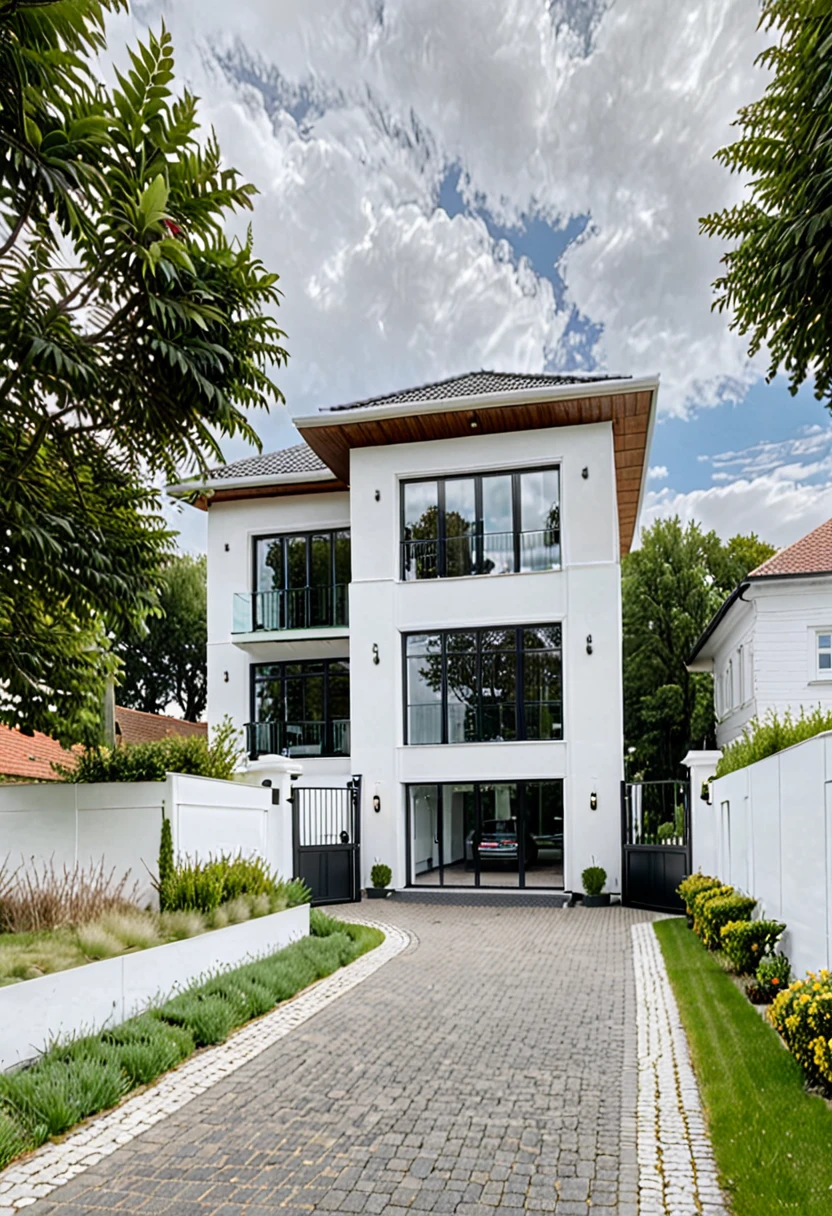 Raw photo,Masterpiece, high quality, best quality, authentic, super detail,
outdoors, house style modern,bietthuhn, white wall, glass windows, gate
road,pavement, grass, trees, sky, cloud, (day:1.1),