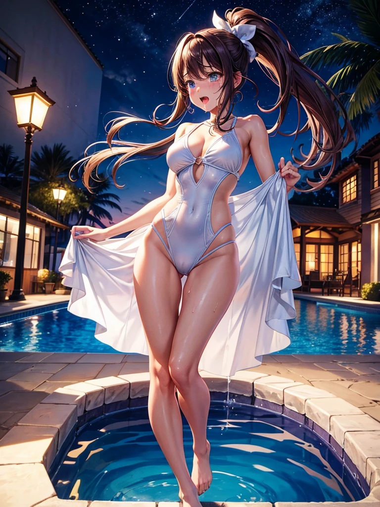 Highest Resolution,Highest quality,1People Girls,beautiful girl,Full body close-up,The body is frontal,looking at the camera,Standing posture,Crying face,Tears,Stringy saliva,Open your mouth,Sticking out tongue,Saliva,Tears overflow,Dripping a lot of saliva,Drooling,Swimsuits by the pool at night,Night view,High leg,ponytail,