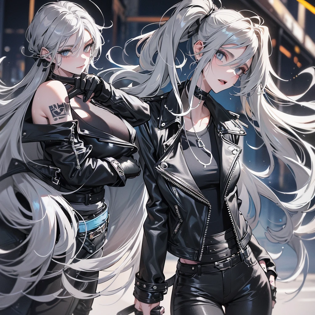 beautiful young female warrior fighter with cat ears on her head, com rosto bem detalhado e bonito, belos olhos, belos olhos, rosto lindo, beautiful young woman wearing long black leggings with black details, mini saia curta, usando jaqueta de couro preta, standing in a castle, usando bota preta, cabelo comprido com franja preto, ,orelhas de gato, belo sorriso, tomboy, um pouco musculosa,suter branco com cinta em volta, olhar serio,usando jaqueta de couro preto, com ombreiras de prata nos ombros, leather jacket