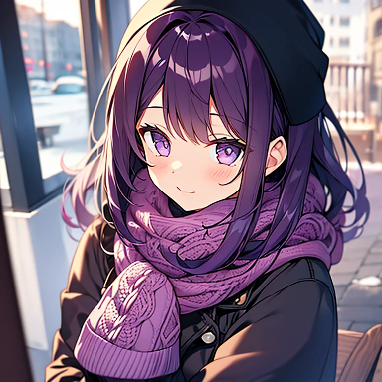A brunette girl with purple hair and cute winter clothing