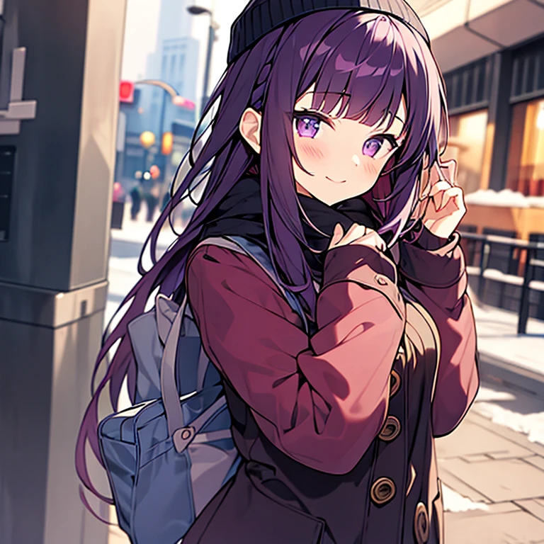 A brunette girl with purple hair and cute winter clothing