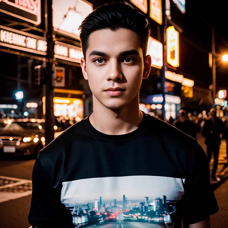 Aarav man, 25 years old, short black haircut, standing in the middle of the road., Hero Moves, standing next to car, Nissan 350z middle shot, The promotion is still on., The promotion is still on., Zach Retz, Shot with canon eos r5, Shot with canon eos r5, moody movie lighting, Rafael Pernaz, Photo Editor, Alexander Rostov, Still from Riverdale, Portrait 8 k, cyberpunk noir, ultra realistic, neon, photography model, raw image, dsrl, neon signs, purple, light blue, red