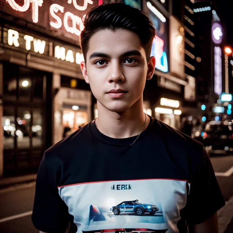 Aarav man, 25 years old, short black haircut, standing in the middle of the road., Hero Moves, standing next to car, Nissan 350z middle shot, The promotion is still on., The promotion is still on., Zach Retz, Shot with canon eos r5, Shot with canon eos r5, moody movie lighting, Rafael Pernaz, Photo Editor, Alexander Rostov, Still from Riverdale, Portrait 8 k, cyberpunk noir, ultra realistic, neon, photography model, raw image, dsrl, neon signs, purple, light blue, red