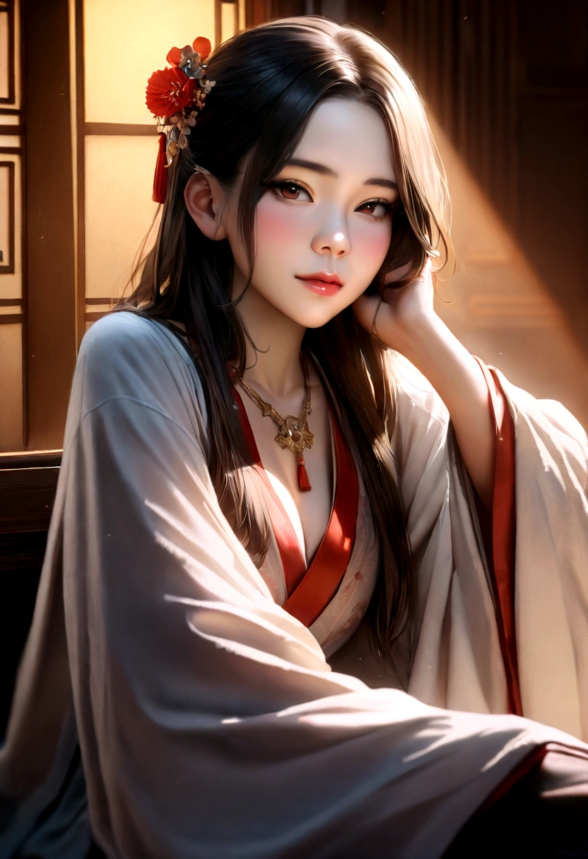 Best image quality、8k、masterpiece:1.3))、Realistic high-quality photos、Highest quality、 Beautiful face、Photos of slim models、Beautiful girl model、Young and pretty face、Beautiful model girl、A lovely and delicate face、Black Hair、Beautiful brown eyes、Young Body、Hanfu, (emphasize)、from the front、Camera gaze,、Anatomically correct、胸の谷間をemphasize、whole body、13-year-old female model、smile、Japanese women、Correct finger、Correct finger