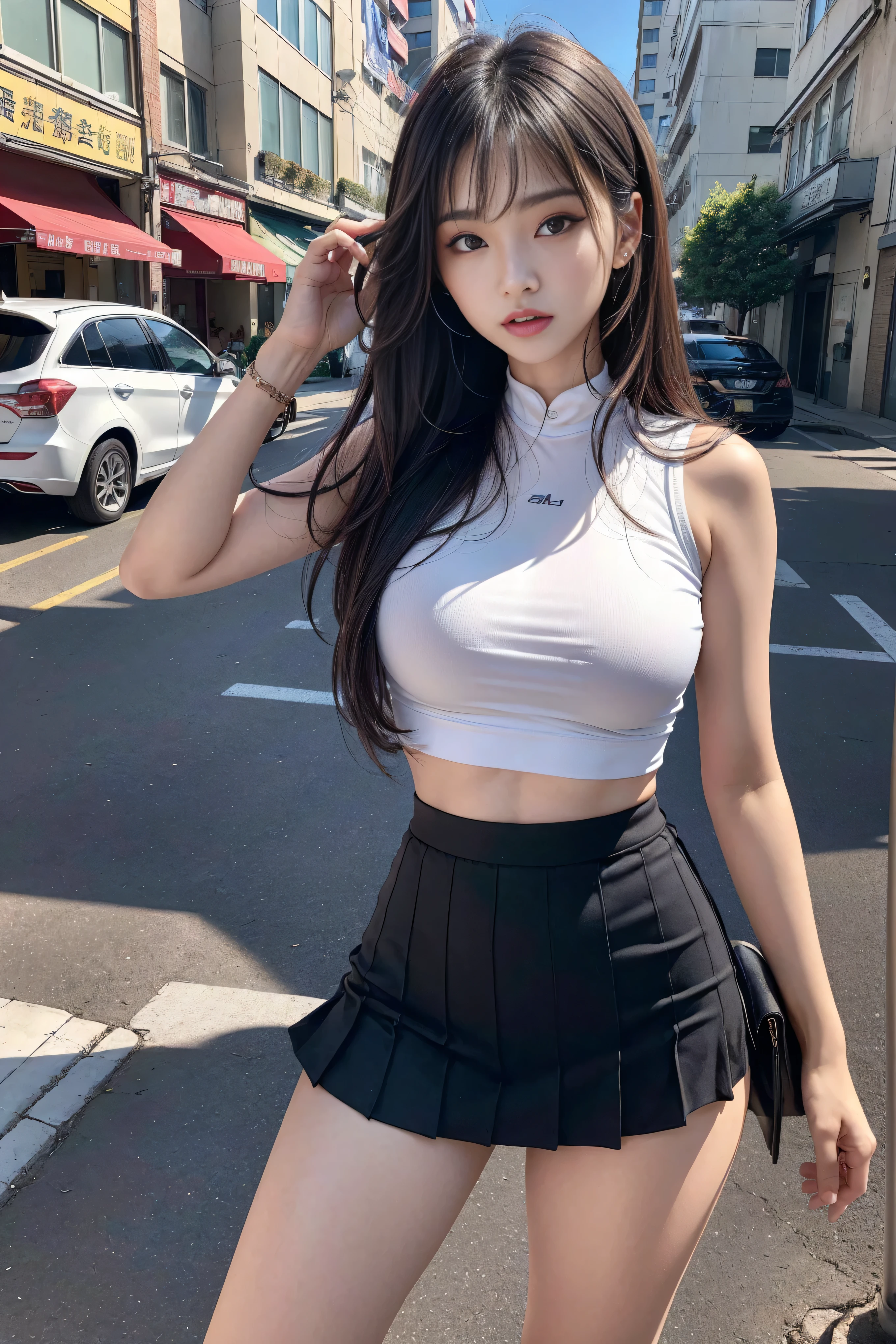 (quality),8K,(masterpiece:1.3),(1 girl:1.3),(In the name of Mina),Beautiful of Korean girl, Korean pop idol，Beauty of woman与完美of身材:1.4,（Vest line，Muscular hands:1.2），((Layered Hairstyle, ??????????????:1.2)), ((View Viewer)),(A brilliant smile:1.3),（BIG ???），Actual,high resolution,Highly detailed face and skin textures,Reality of face,RAW photos,((Pretty face:1.5)),(Beauty of woman:1.4),Perfect body example,,((Very rich facial details)),Attention to detail,Double eyelids,Eyeshadow Enhancement,Eye for detail,Professional lighting,灯Optics,Sharp focus,((Sporty style)),((Optics, Vibrant colors、Fit of T-shirt，Sporty skirts,((Lively,Positive,Livelyof thighs)),(of:1.3),Ultra-thin sports bar，Sports hip skirt，On the street，
