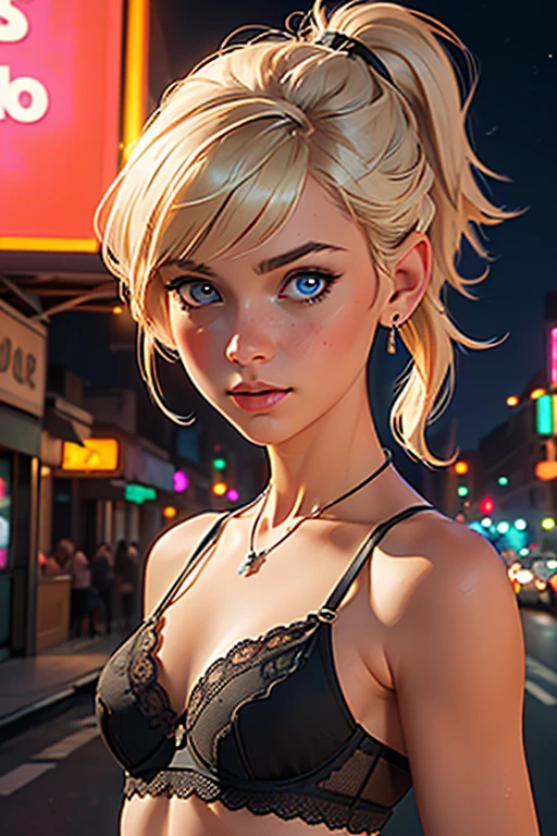 (best quality,4k,highres,ultra-detailed,realistic:1.2), a young girl, small breasts,short blond hair with a pigtail and bangs, flat abs, black lace bra, earrings , necklace out in the street at night, neon lights and advertising, close-up portrait