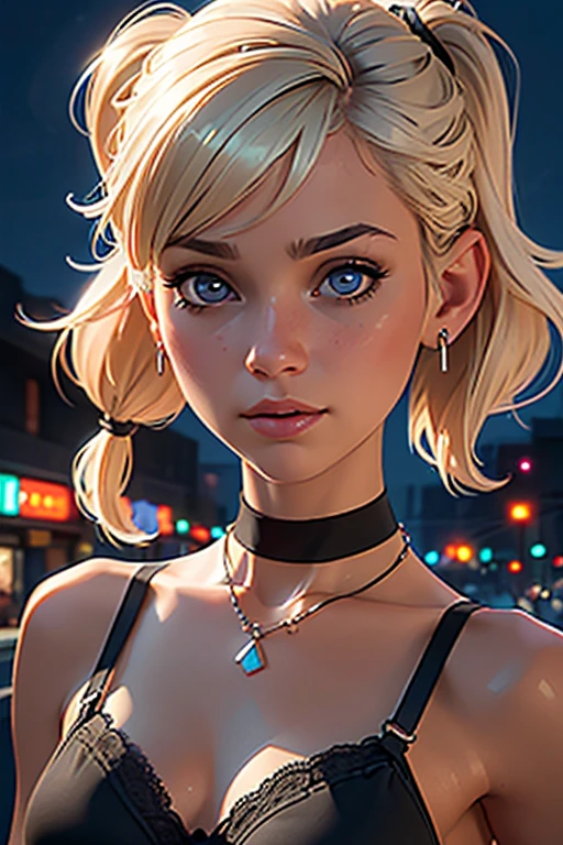 (best quality,4k,highres,ultra-detailed,realistic:1.2), a young girl, small breasts,short blond  hair with a pigtail and bangs,  flat abs, black lace bra, earrings , necklace out in the street at night, neon lights and advertising, close-up portrait 