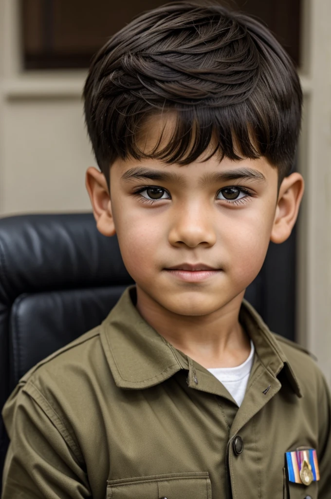 An 8  boy, with brown eyes and military hairstyle 