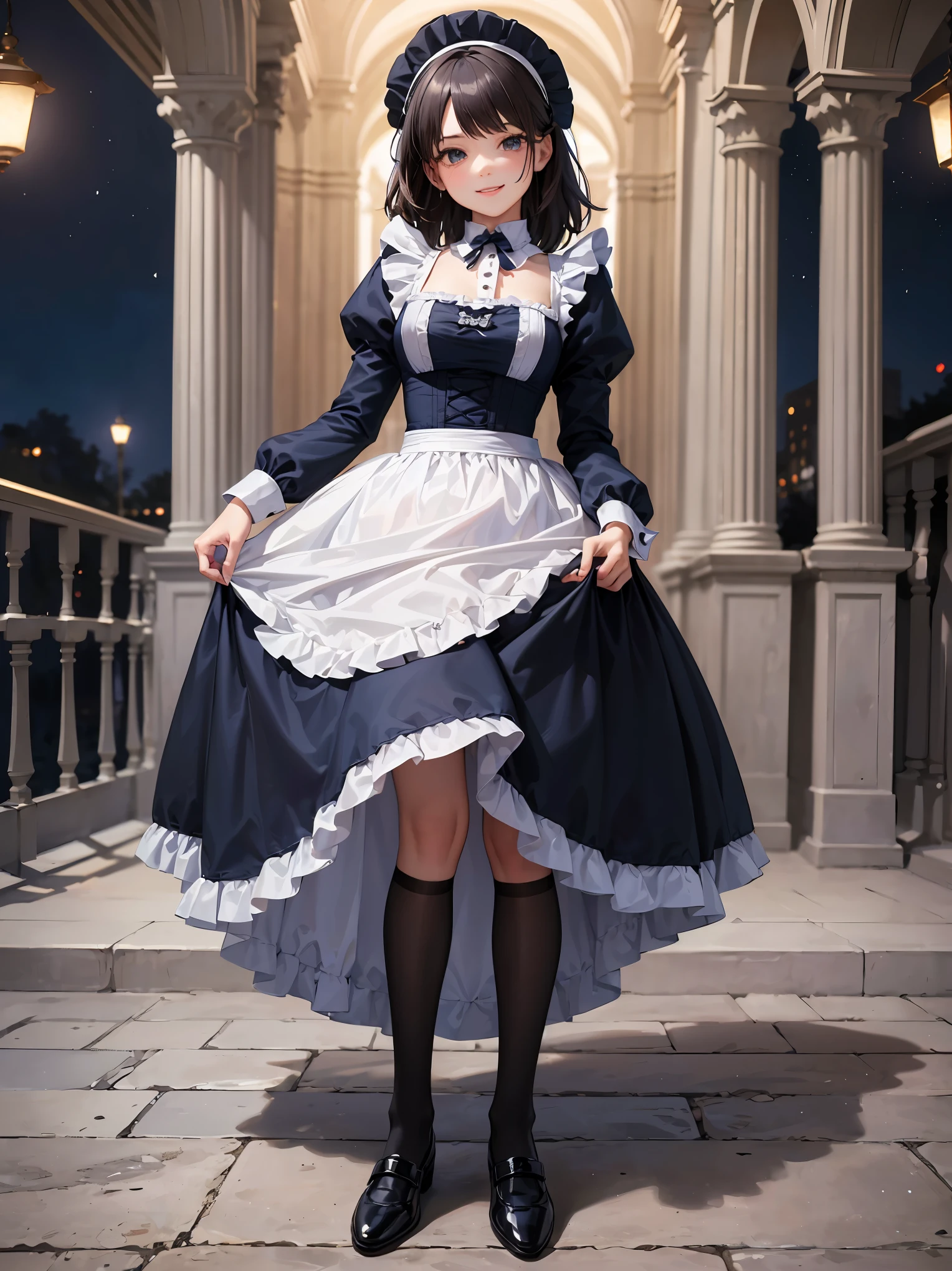 (Highest quality、16K、masterpiece、Ultra-high resolution、Victorian era、Photorealistic:1.2)、A smiling under the stars, a toddler wearing a maid hat with ruby accessories, she is wearing a white and black gothic maid dress with navy blue ribbon. Black stockings, black shoes, cute, super cute toddler maid tsundere、Heroine's Attributes、Artistic shading、Perfect Face、Detailed portrait、
