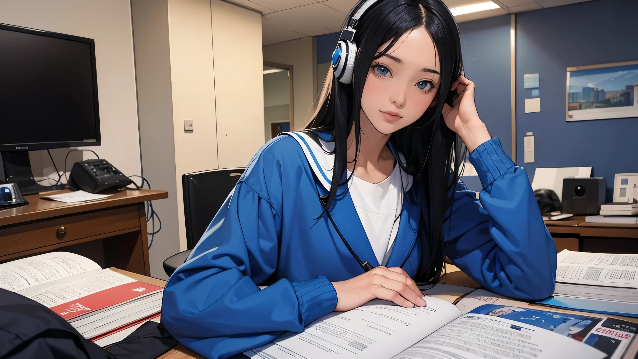 Ultra HD、super high quality、masterpiece、detailed、8K、The place is your room、A high school girl in her room1Person sitting and listening to music on headphones、Studying at a desk、The room is small、15-year-old high school girl、The high school girl is Russian and has long black hair.、Has blue eyes、Has a glamorous figure、The clothes she's wearing are her uniform、Or wearing a uniform、Pretty sexy、Lo-Fi images,The background is blurred、Nostalgic and relaxing atmosphere、The decorations are retro.、Late Night、The light is a desk lamp
