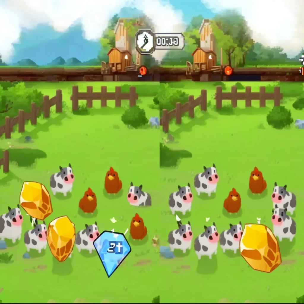Close-up of a cartoon farm,There are a group of animals inside, Gameplay, Gameplay still, in Game Screenshot, Gameplay screenshot with ui, mobile game style, Gameplay screenshot, video Game Screenshot>, screenshot, mobile game, 2 d game, in-Game Screenshot, in - Game Screenshot, Game Screen, ultra wide Gameplay screenshot, Gameplay footage, Game Screenshot
