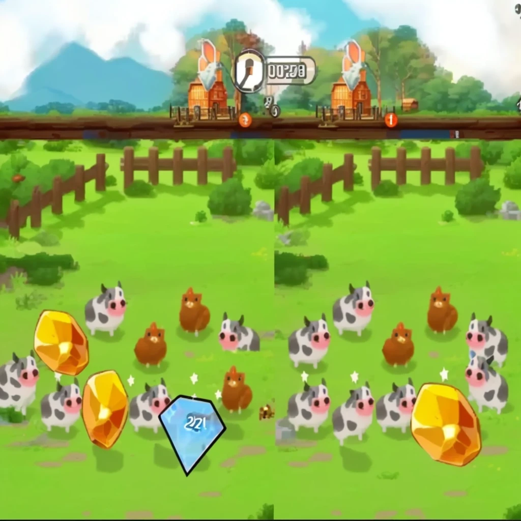 Close-up of a cartoon farm,There are a group of animals inside, Gameplay, Gameplay still, in Game Screenshot, Gameplay screenshot with ui, mobile game style, Gameplay screenshot, video Game Screenshot>, screenshot, mobile game, 2 d game, in-Game Screenshot, in - Game Screenshot, Game Screen, ultra wide Gameplay screenshot, Gameplay footage, Game Screenshot