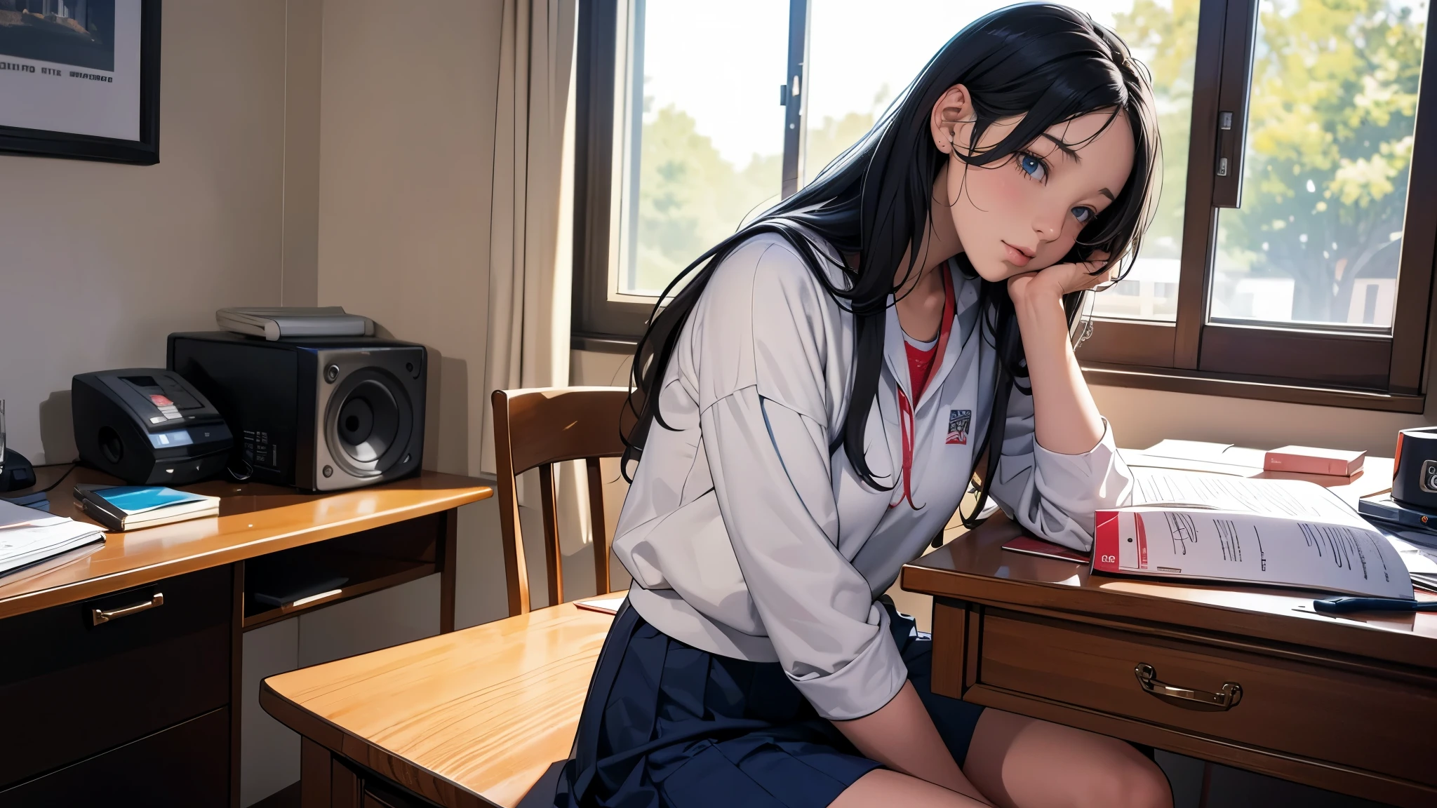 Ultra HD、super high quality、masterpiece、detailed、8K、The place is your room、A high school girl in her room１Person sitting and listening to music on headphones、Studying at a desk、The room is small、15-year-old high school girl、The high school girl is Russian and has long black hair.、Has blue eyes、Has a glamorous figure、The clothes she&#39;s wearing are her uniform、Or wearing a uniform、Pretty sexy、Lo-Fi images,The background is blurred、Nostalgic and relaxing atmosphere、The decorations are retro.、Late Night、The light is a desk lamp